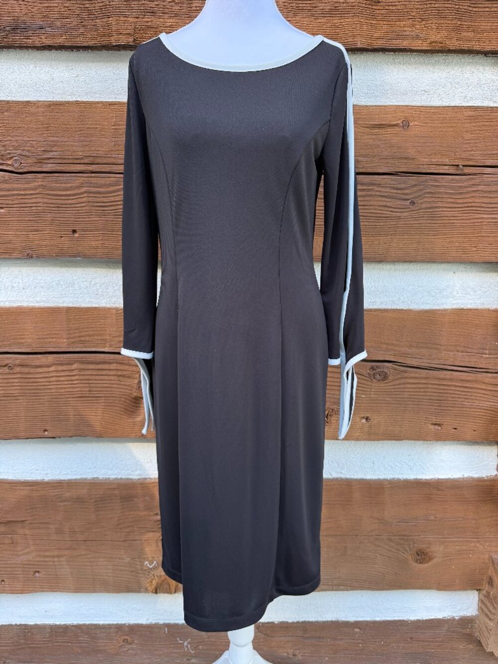 TALBOTS Dress. Stretch, Tie Sleeves, Black with White / Cream Trim. Small S MINT